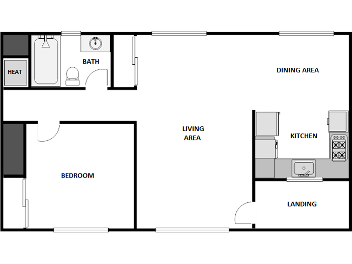 Floor plan for 1 bed, 1 bath, 685 sqft